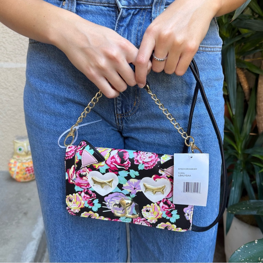 New Betsey Johnson Floral Cat Crossbody Bag/Clutch - Black, Pink, and Gold